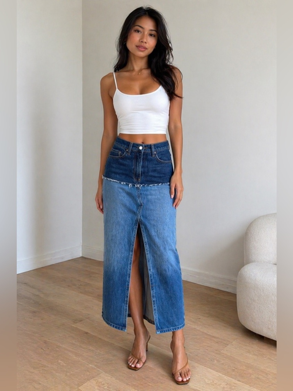 Frame Denim Midi Skirt Two Tone High Rise Slit Size 24 XS
